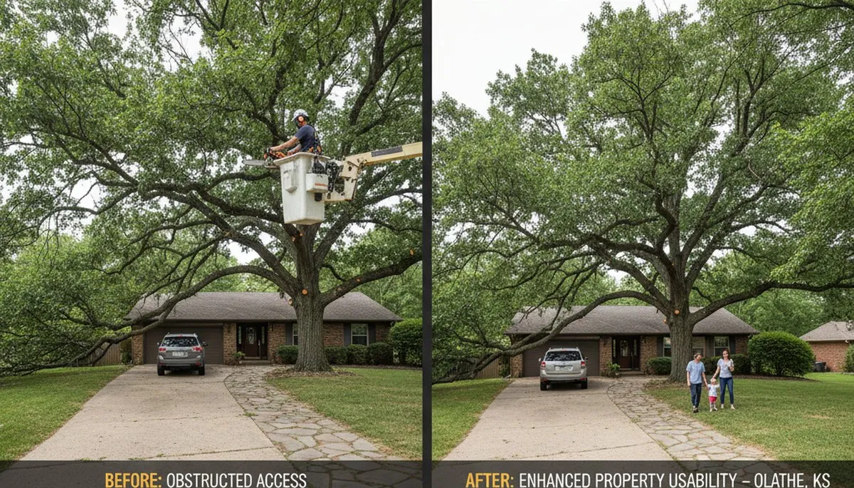 Arborist performing canopy lift for driveway clearance and tree balance in Olathe, KS tree trimming service