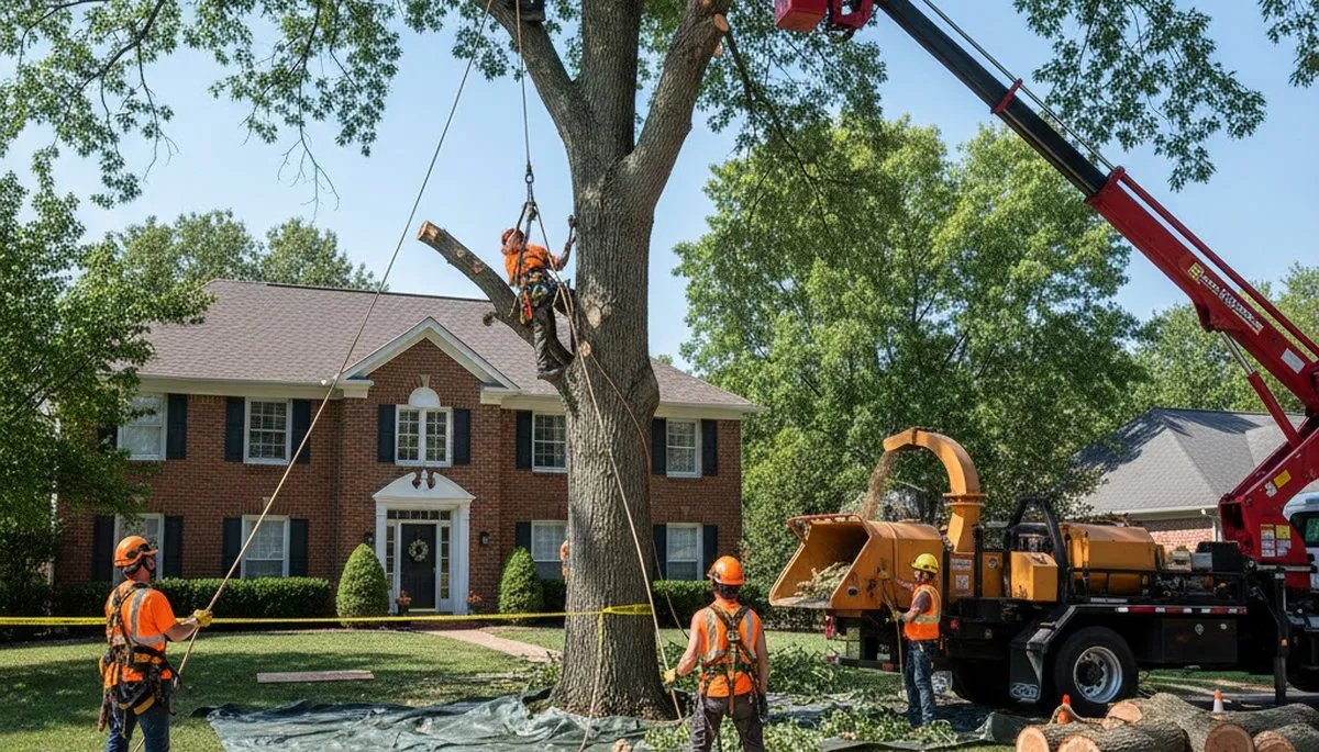 Arborists using bucket truck for large tree removal at a residential property in Olathe, KS