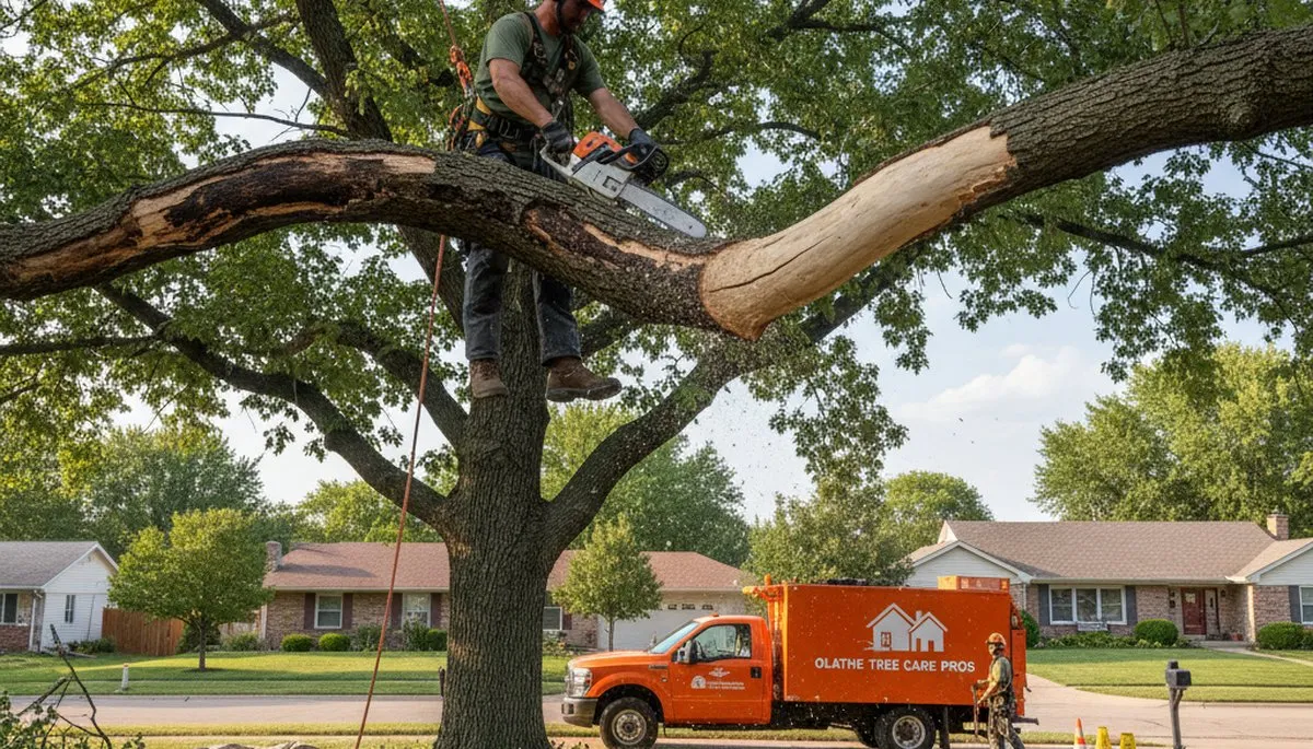 Arborist removing dead branches from mature tree using bucket truck in Olathe, KS tree trimming service