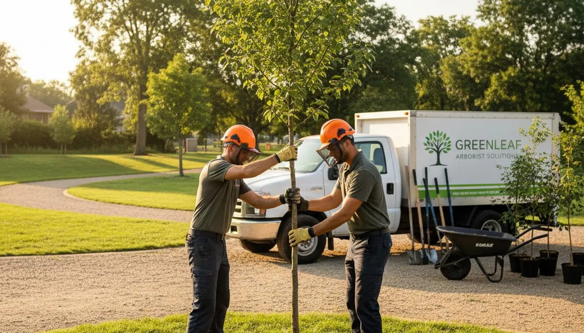 Arborist planting young tree in Olathe KS yard for Chop Chop Tree professional tree service