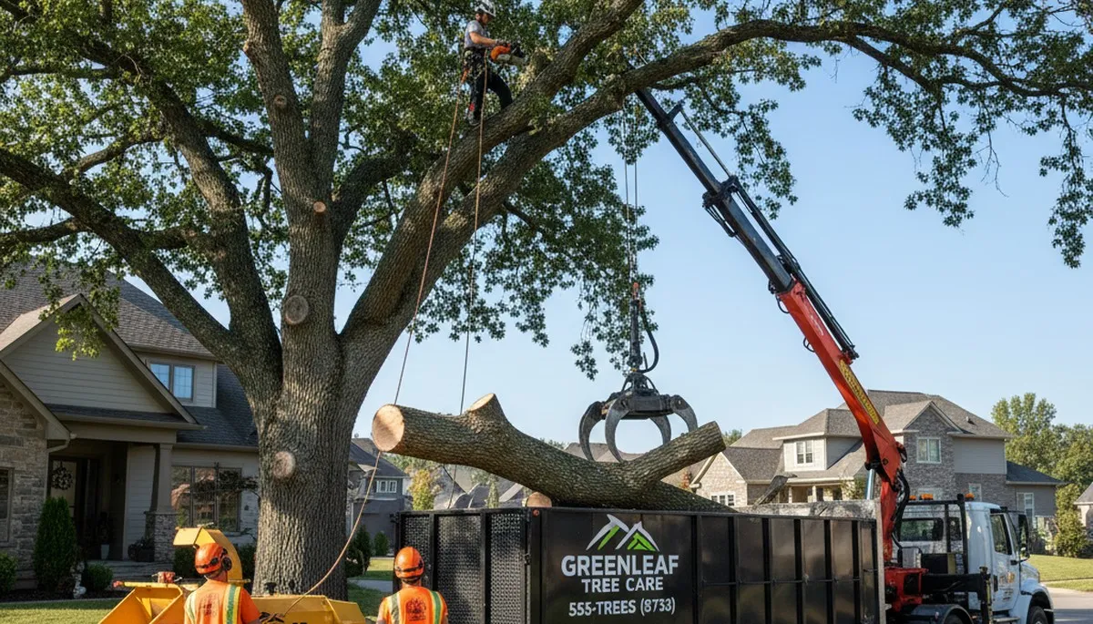 Professional tree removal team cutting down large oak in residential yard, Olathe KS