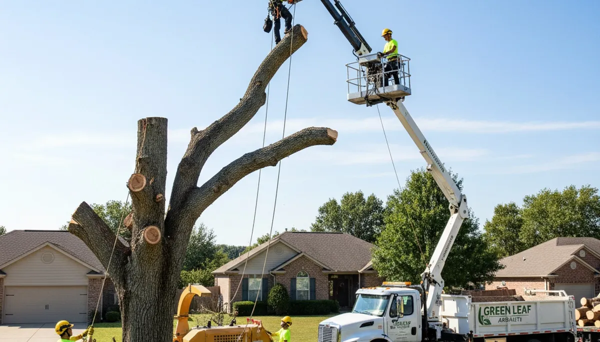 Professional tree removal service crew working safely in Olathe, KS residential neighborhood