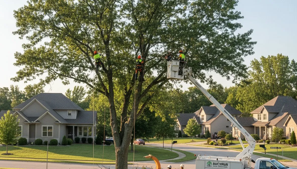 Professional tree removal service in Olathe KS safely cutting down large backyard tree
