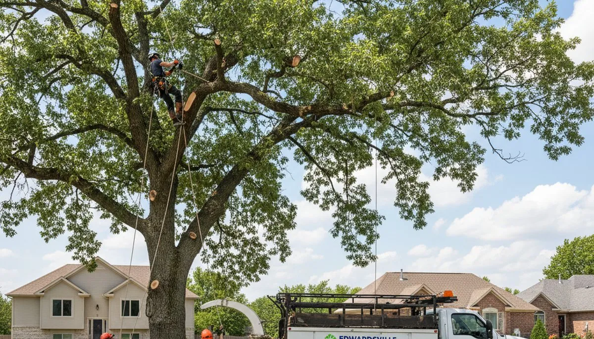 Professional tree removal service in Olathe KS safely clearing large trees for residential property