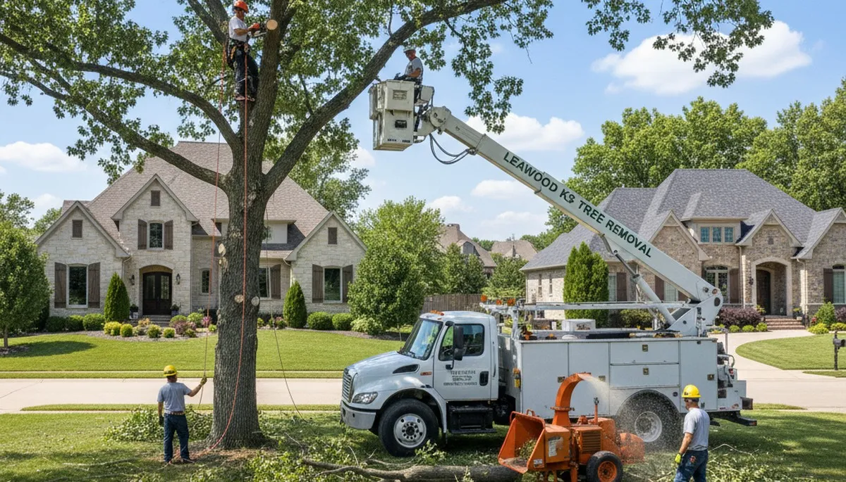 Professional tree removal service in Olathe KS safely cutting and clearing large backyard trees