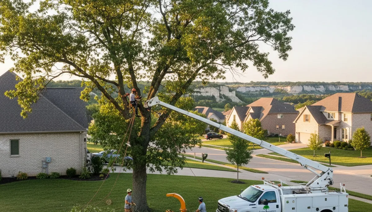 Professional tree removal crew working safely in Olathe KS residential neighborhood