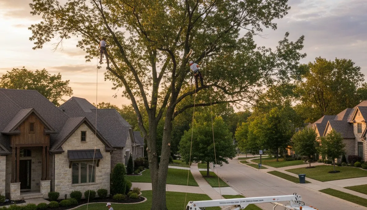 Professional tree removal service crew in Olathe, KS clearing large oak tree safely