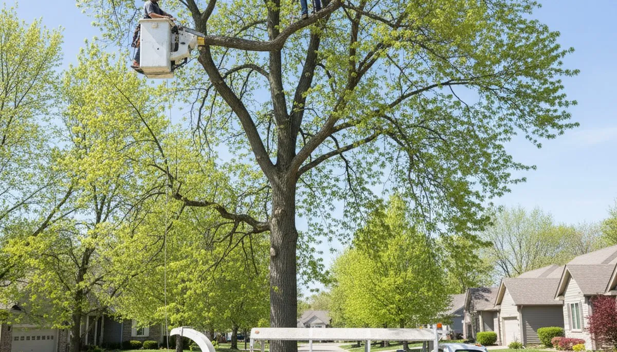 Professional tree removal service in Olathe KS safely cutting down large oak tree