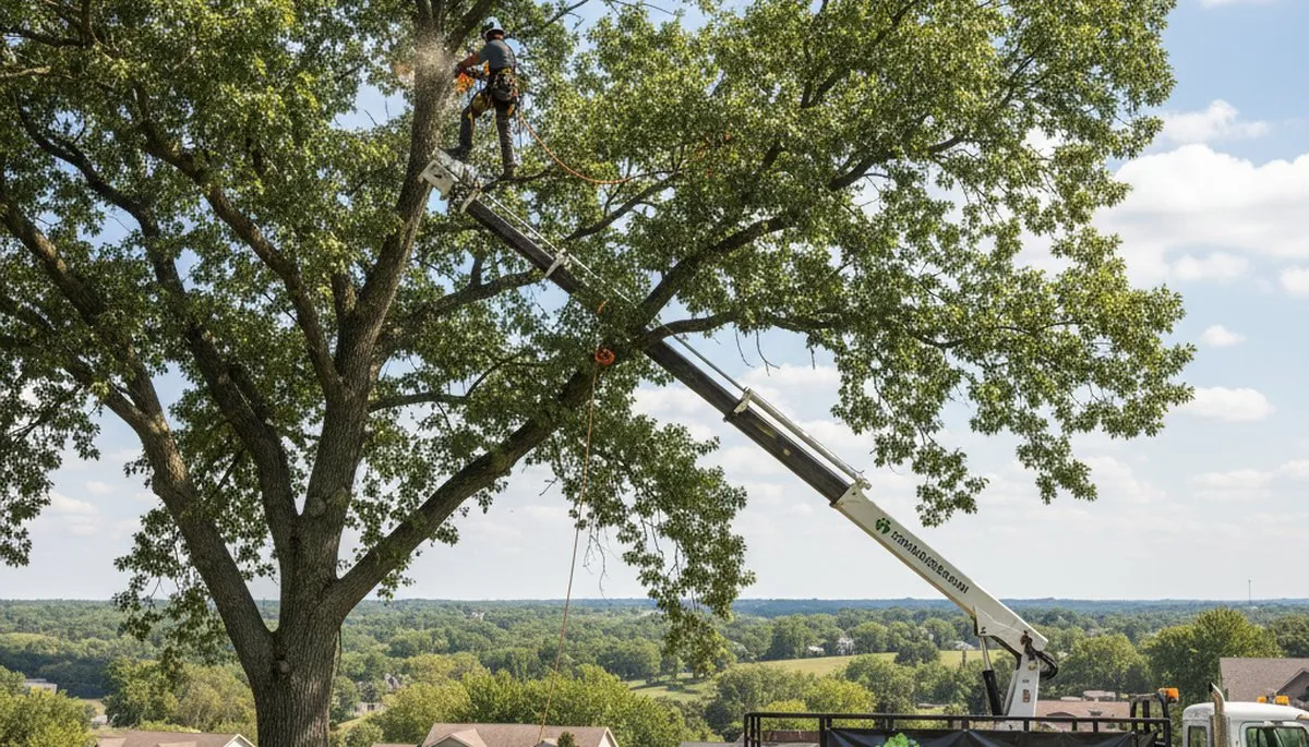 Professional tree removal service crew working in Olathe KS yard safely cutting large oak tree